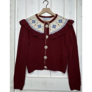 HILL HOUSE Wool Red Floral Embroidered Ruffle Pearl Button Cardigan Sweater S